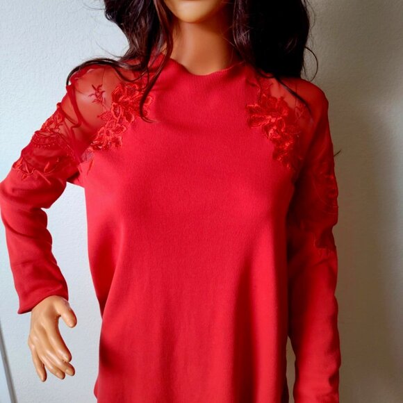 Free People Tops - Free People RED Ribbed Open Cold Shoulder Lace Daniella top - large